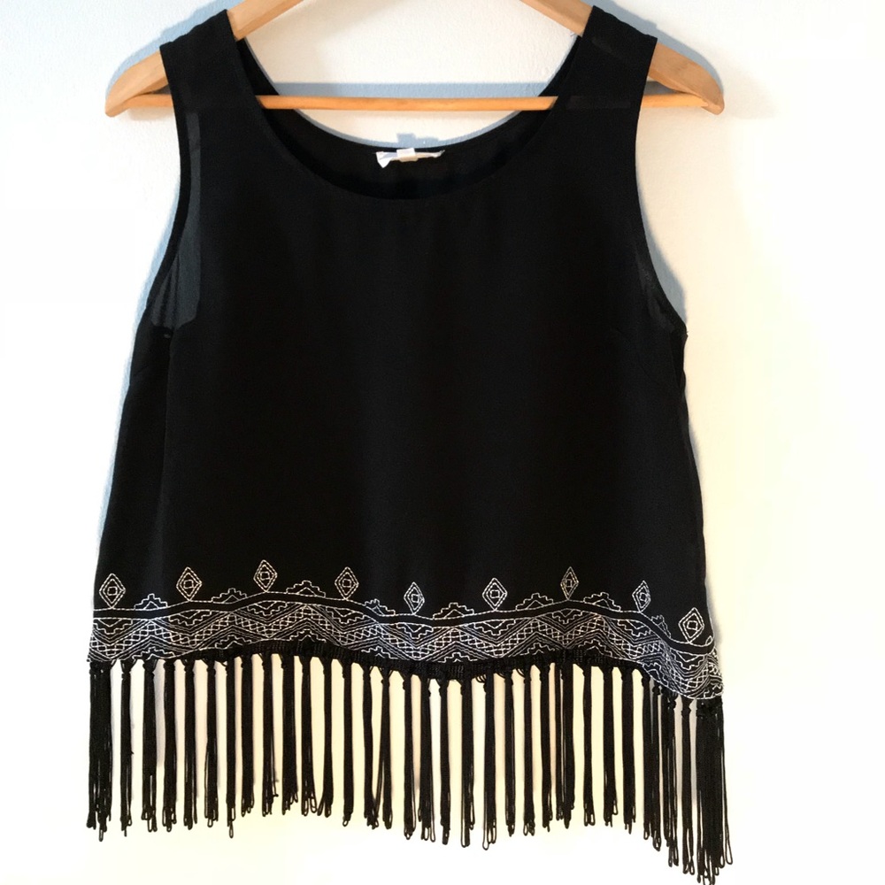 black tank chiffon tank top with fringe
